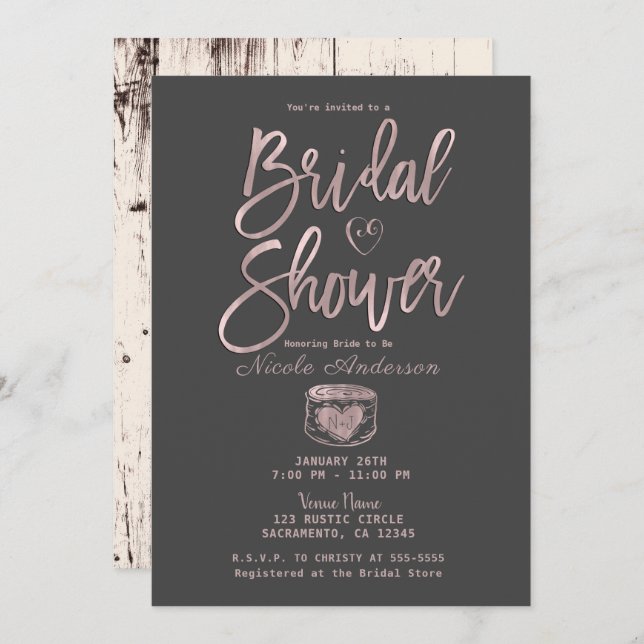 Invitación Rústico Glam Rosa Oro Gris Rosa Ducha Bridal (Anverso / Reverso)