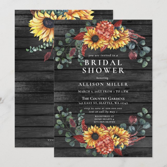 Invitación Rústico Gris Barn Wood Sunflowers Brillante Ducha (Anverso / Reverso)