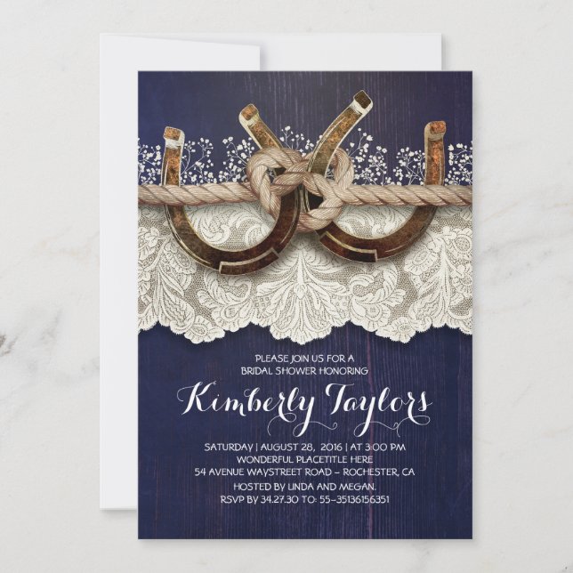 Invitación Rústico herradura rural y ducha de novias de encaj (Anverso)