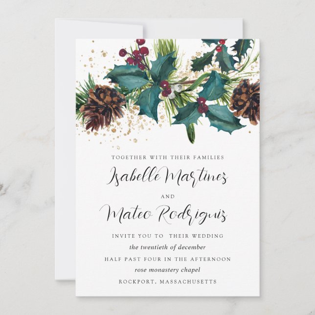 Invitación Rústico Holly y Berries Boda botánico de invierno (Anverso)