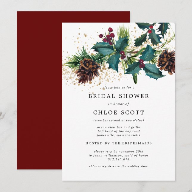 Invitación Rústico Holly y Berries Botanical Bridal Shower (Anverso / Reverso)