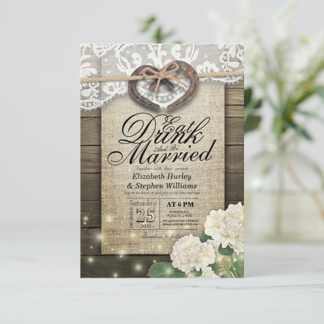 Invitación Rústico Horseshoe Lace Bebe Comer Ser Boda Casado (Anverso de pie)