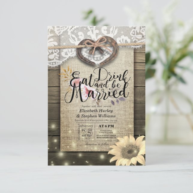 Invitación Rústico Horseshoe Lace Bebe Comer Ser Boda Casado (Anverso de pie)