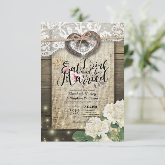 Invitación Rústico Horseshoe Lace Bebe Comer Ser Boda Casado (Anverso de pie)
