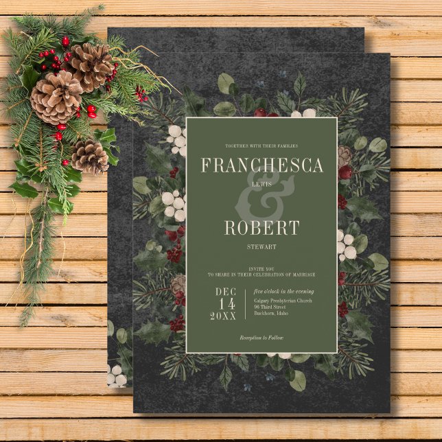 Invitación Rústico invierno Berries y Boda negro de pino (Rustic Winter Berries & Pine Black Wedding Invitation)