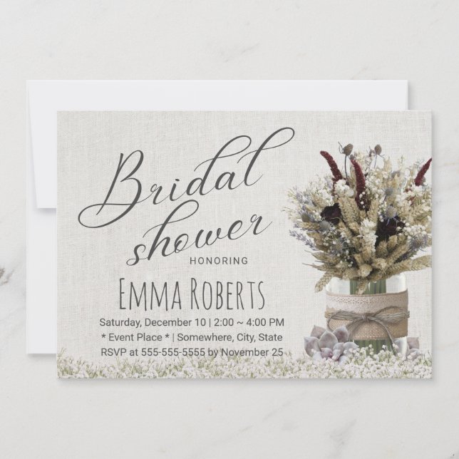 Invitación Rústico invierno Floral Jar Linen Ducha Bridal (Anverso)