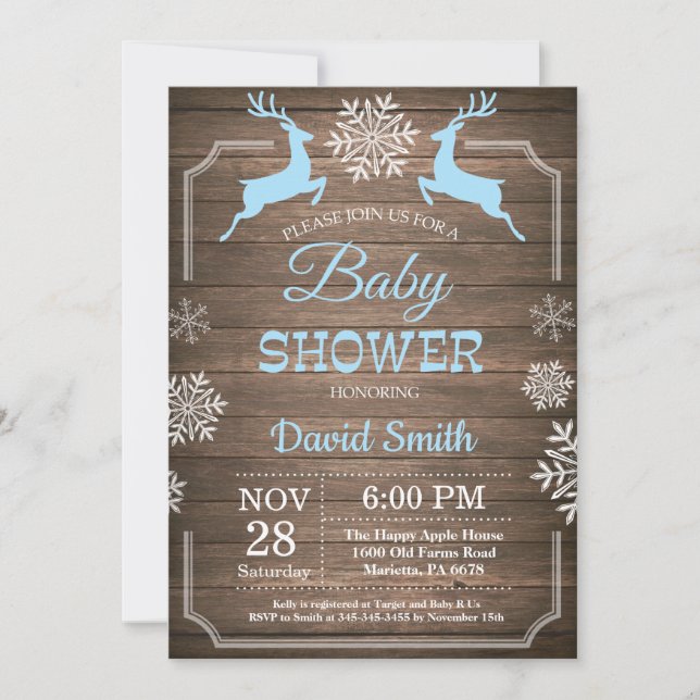Invitación Rústico invierno venado Snowflake Boy Baby Shower (Anverso)