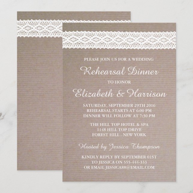 Invitación Rústico Kraft, Boda de encaje blanco para la cena (Anverso / Reverso)