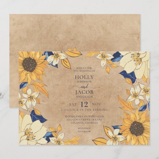 Invitación Rústico Kraft Boda floral azul de girasol (Anverso / Reverso)