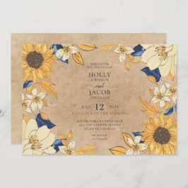 Invitación Rústico Kraft Boda floral azul de girasol