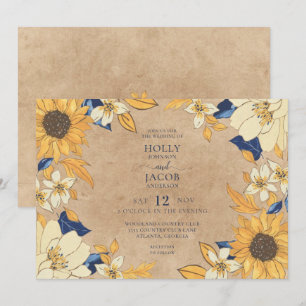 Invitación Rústico Kraft Boda floral azul de girasol amarillo