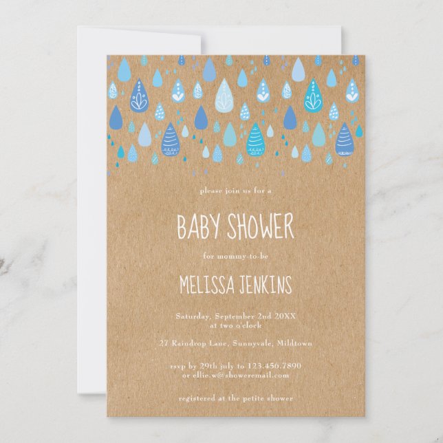 Invitación Rústico Kraft Cute Blue Raindrop Boy Baby Shower (Anverso)