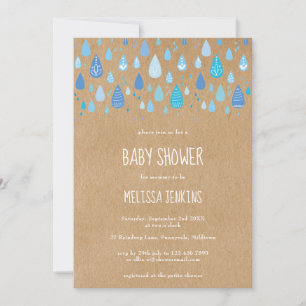 Invitación Rústico Kraft Cute Blue Raindrop Boy Baby Shower
