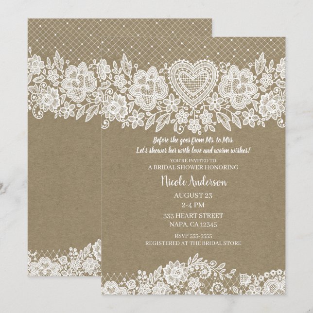Invitación Rustico Kraft & Lace Granja Casa de Campo Ducha de (Anverso / Reverso)