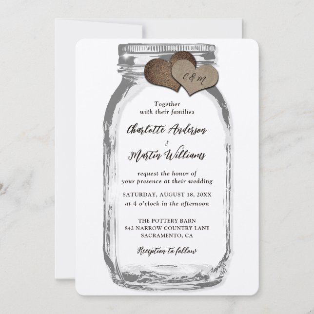 Invitación Rústico Kraft Mason Jar Dos Bodas Burlap (Anverso)