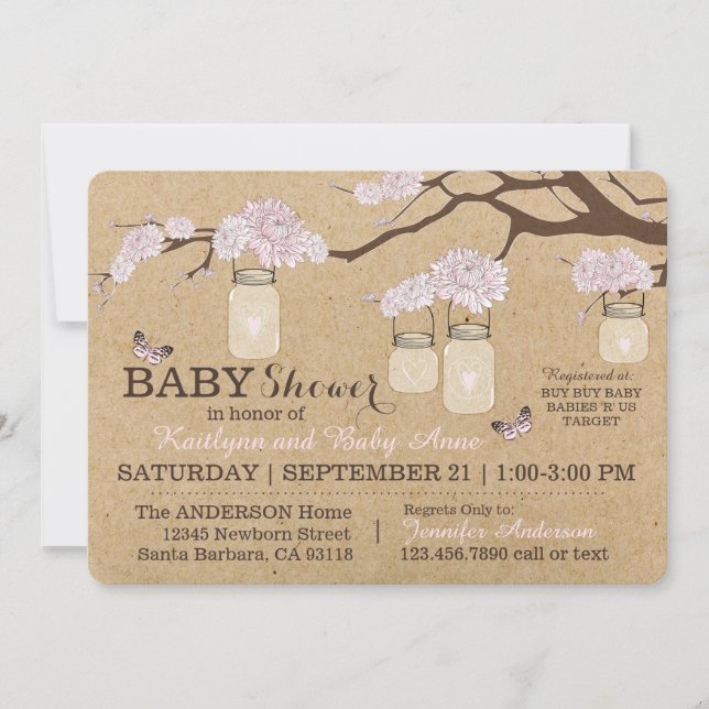 Invitación Rústico Kraft moderno Floral colgando Jar Baby Sho (Anverso)