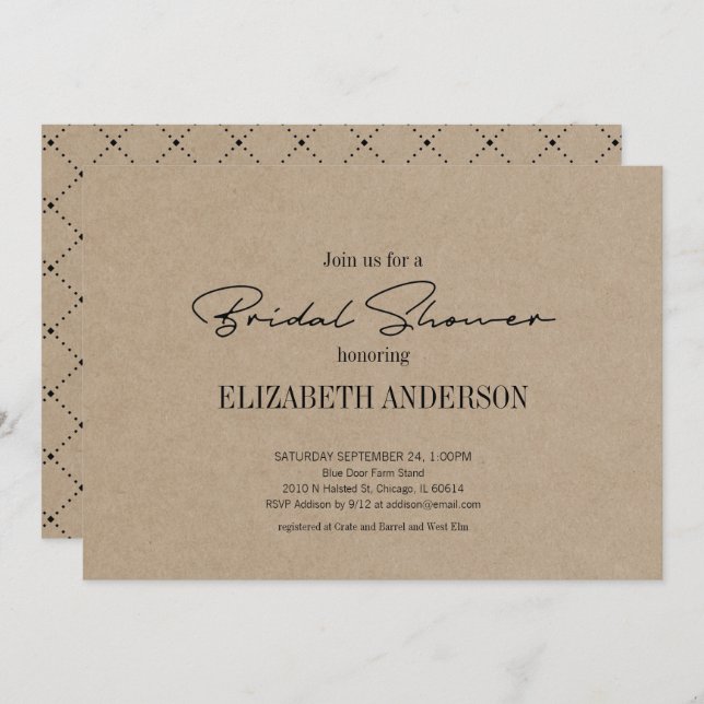 Invitación Rústico Kraft Moderno Guión Con Ducha De Novias En (Anverso / Reverso)