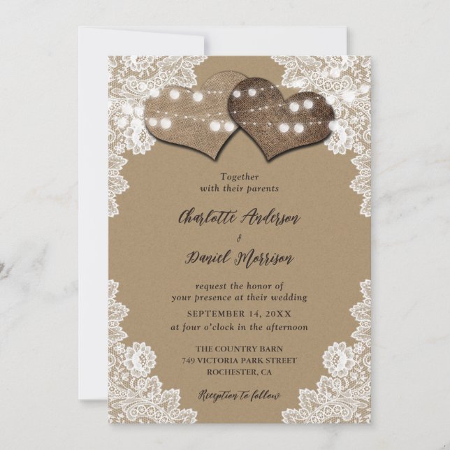 Invitación Rústico Kraft Paper String Luces Lace Boda (Anverso)