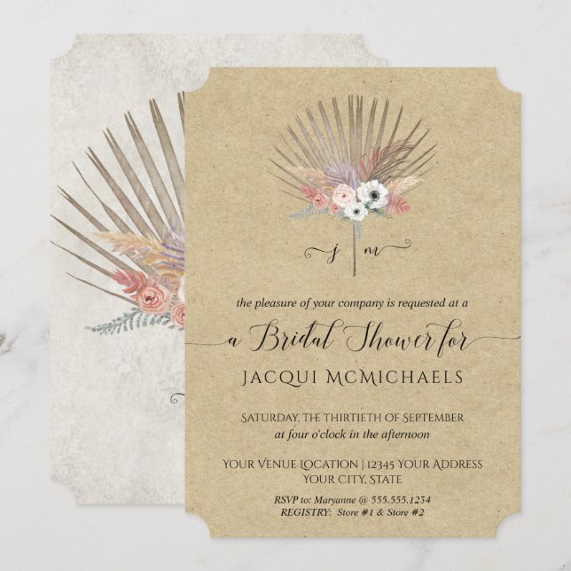 Invitación Rústico Kraft Pink Tropical Floral Bridal (Anverso / Reverso)