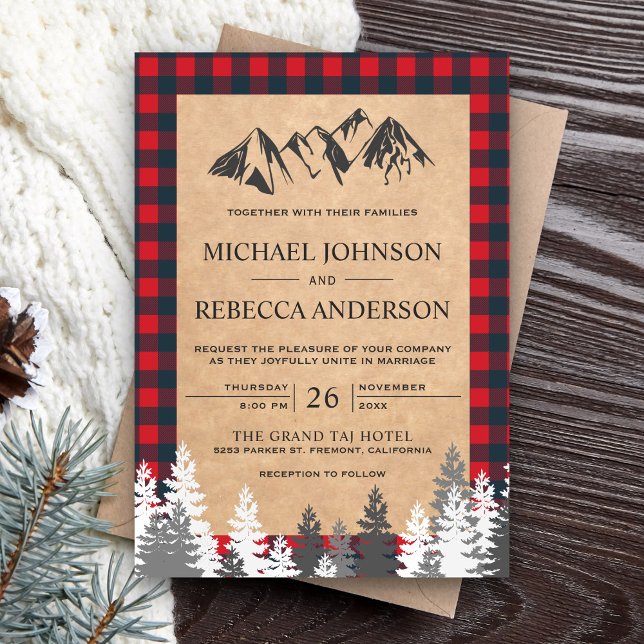 Invitación Rústico Kraft Red Buffalo Plaid Mountain Boda (Subido por el creador)