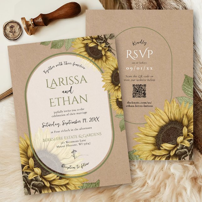 Invitación Rustico Kraft Vintage Girasoles Simple Boho Boda (Vintage sunflower rustic kraft sage green modern fall botanical wildflower QR code wedding invite)