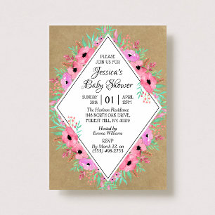 Invitación Rústico Kraft & Watercolor Flowers Baby Shower