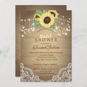 Invitación Rústico Lace, Mason Jar, String Lights, Sunflower