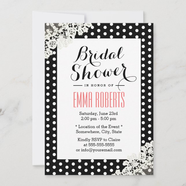 Invitación Rústico Lace & Polka Dots Elegante Ducha Bridal (Anverso)
