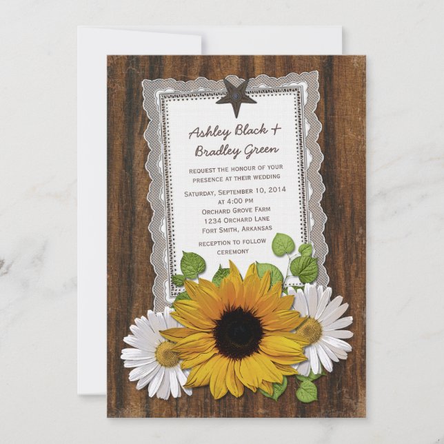Invitación Rústico Lace Wood Sunflower Daisy Country Wedding (Anverso)