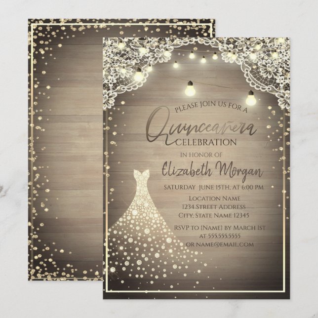 Invitación Rústico, Luces, Diamantes De Madera Vestidos Quinc (Anverso / Reverso)