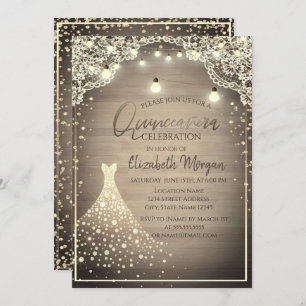 Invitación Rústico, Luces, Diamantes De Madera Vestidos Quinc