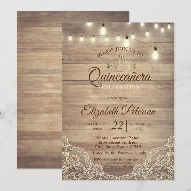 Invitación Rústico, luces, Tiara, Fiesta Quinceañera (Anverso / Reverso)
