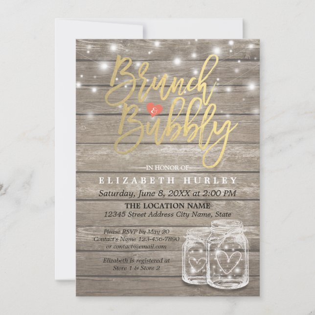 Invitación Rústico Madera Mason Jar String Brunch & Bubbly (Anverso)