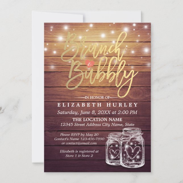Invitación Rústico Madera Mason Jar String Brunch & Bubbly (Anverso)