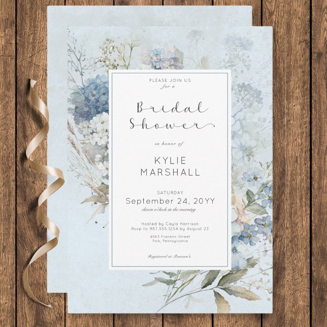 Invitación Rústico marco floral azul y blanco ducha de novia (Rustic Blue & White Floral Frame Bridal Shower Invitation)