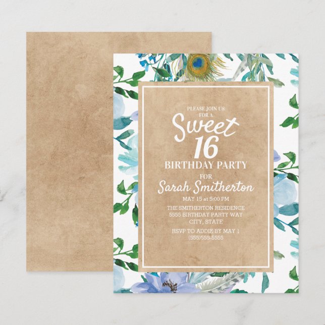 Invitación Rustico marrón kraft azul blanco floral Sweet 16 (Anverso / Reverso)