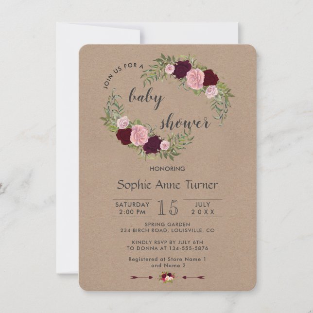 Invitación Rústico Marsala Floral Craft Paper Baby Shower (Anverso)