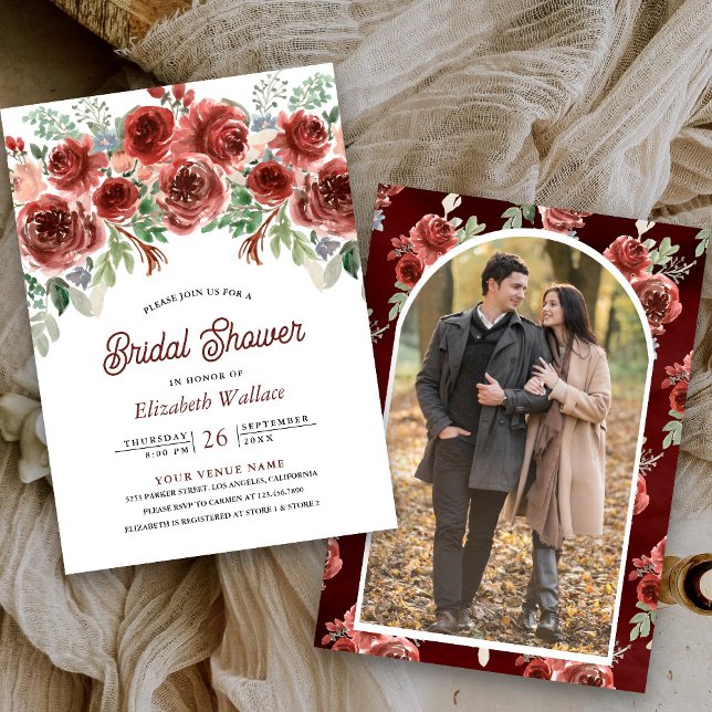 Invitación Rústico Marsala Floral Photo Bridal Shower (Subido por el creador)