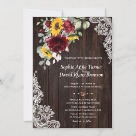 Invitación Rústico Marsala Floral Sunflowers Wood Lace Boda