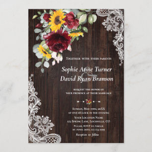 Invitación Rústico Marsala Floral Sunflowers Wood Lace Boda