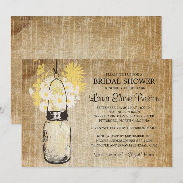 Invitación Rústico Mason Jar Amarillo Floral Bridal Shower (Anverso / Reverso)