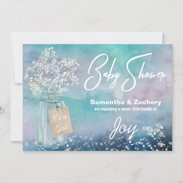 Invitación *~* Rústico Mason Jar Baby's Breath Baby Shower (Anverso)