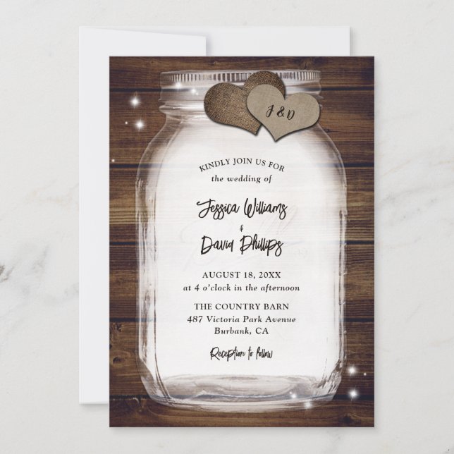 Invitación Rústico Mason Jar Burlap Hearts Barn Wood Boda (Anverso)