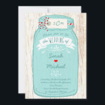 Invitación Rústico Mason Jar en Bark Boda ilustrado<br><div class="desc">Esta rústica suite de invitados a la boda cuenta con un frasco de albañil azul picado a mano sobre un fondo de corteza de árbol. El tipo con letras a mano, el patrón de gingham en la parte posterior y una etiqueta unida con twine de panadería roja y blanca lo...</div>