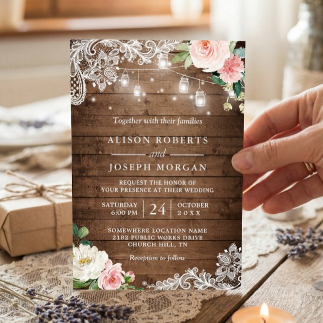 Invitación Rústico Mason Jar enciende Boda de encaje floral (Subido por el creador)