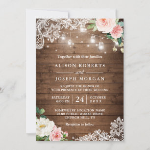 Invitación Rústico Mason Jar enciende Boda de encaje floral
