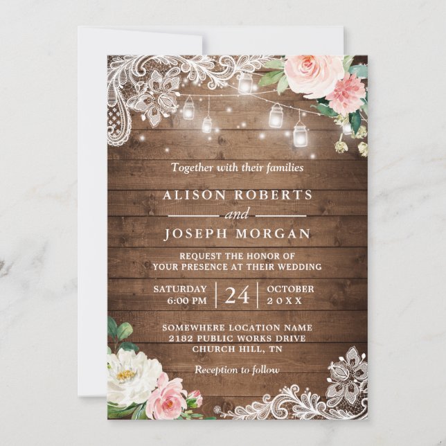 Invitación Rústico Mason Jar enciende Boda de encaje floral (Anverso)