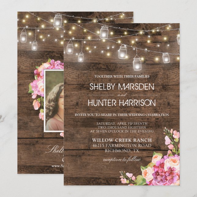 Invitación Rústico Mason Jar enciende foto de Boda floral de  (Anverso / Reverso)