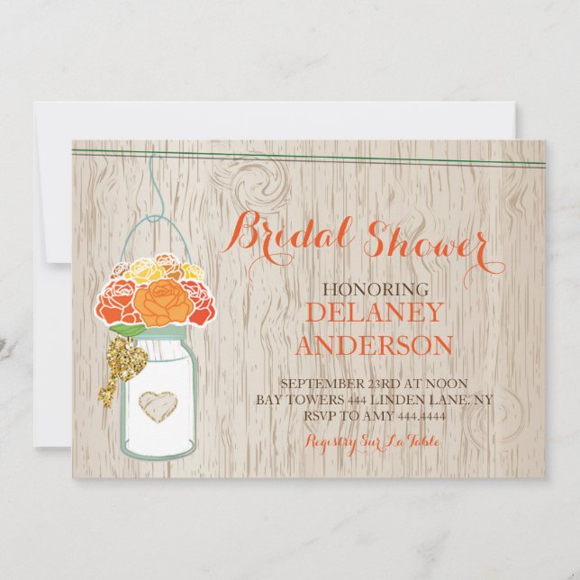 Invitación Rústico Mason Jar Fall Purpurina Bridal (Anverso)