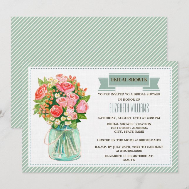 Invitación Rústico Mason Jar Floral Bridal Shower  (Anverso / Reverso)